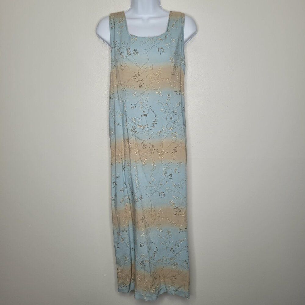 Vintage 90s Kathie Lee tan blue flower print tie back long dress size 10